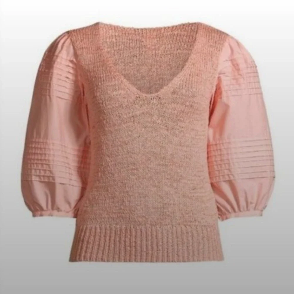 la vie rebecca taylor poplin blouse babydoll top peach pink knit v-neck preppy - Picture 3 of 14